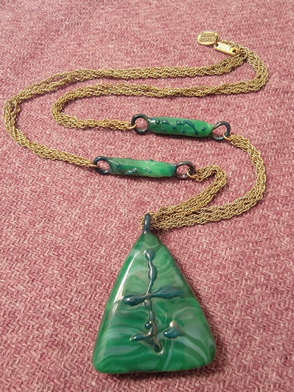 Rare c. 1975-1982 signed Miriam Haskell malachite-style glass necklace